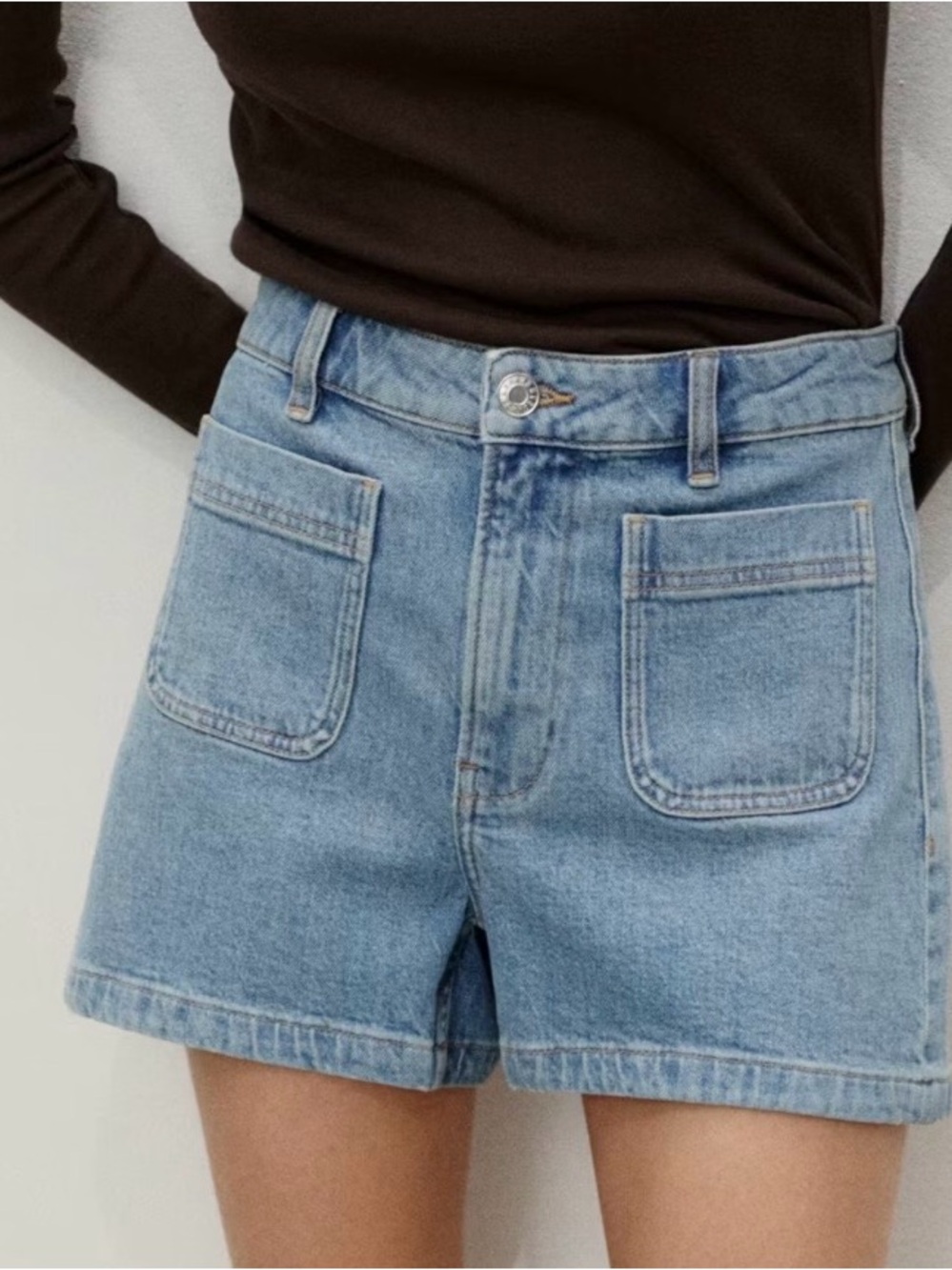 Mango MNG by Mango Light Wash Denim Shorts — High Rise Patch Pocket